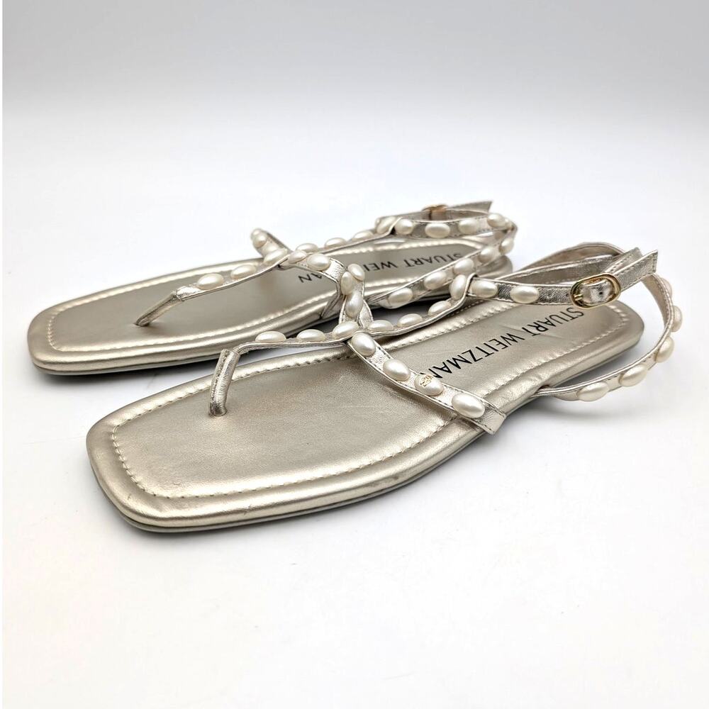 Stuart Weitzman Pearlita Flat Sandals Open Toe Women's Gold Size US8 EU38.5